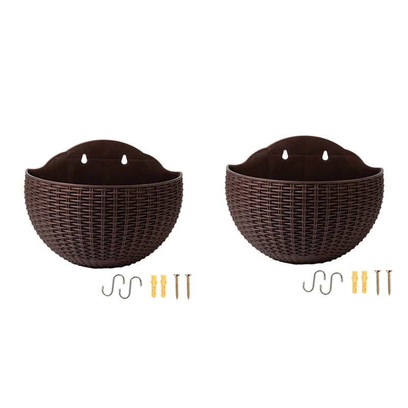 Brown Large European-Style Imitation Rattan Wall-Mounted Semi-Circular Flowerpot Lazy Flowerpot Easy Install Easy To Use