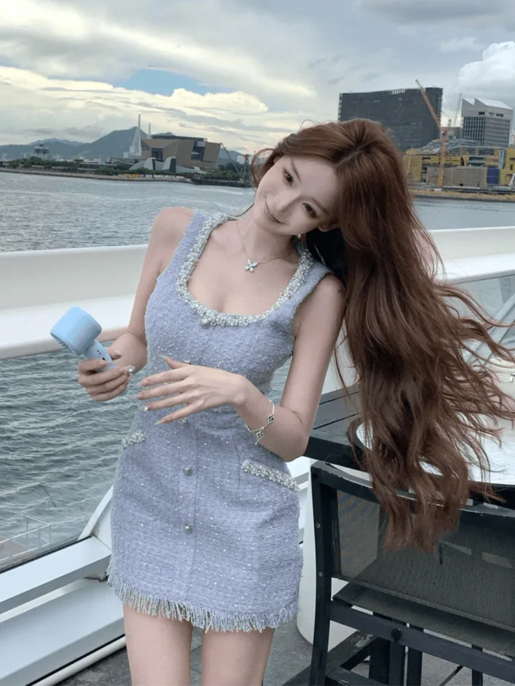 Sukienka mini na urodziny dla dziewczynki, luksusowe koraliki, celebrytka, nowa letnia sukienka bez rękawów z frędzlami, obcisła, krótka, ołówkowa, na ramiączkach.