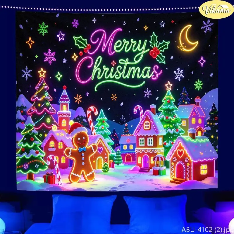VIKAMA Christmas Tapestry, Merry Christmas Gingerbread Man Candy House Wall Hanging, Christmas Party Home Decor