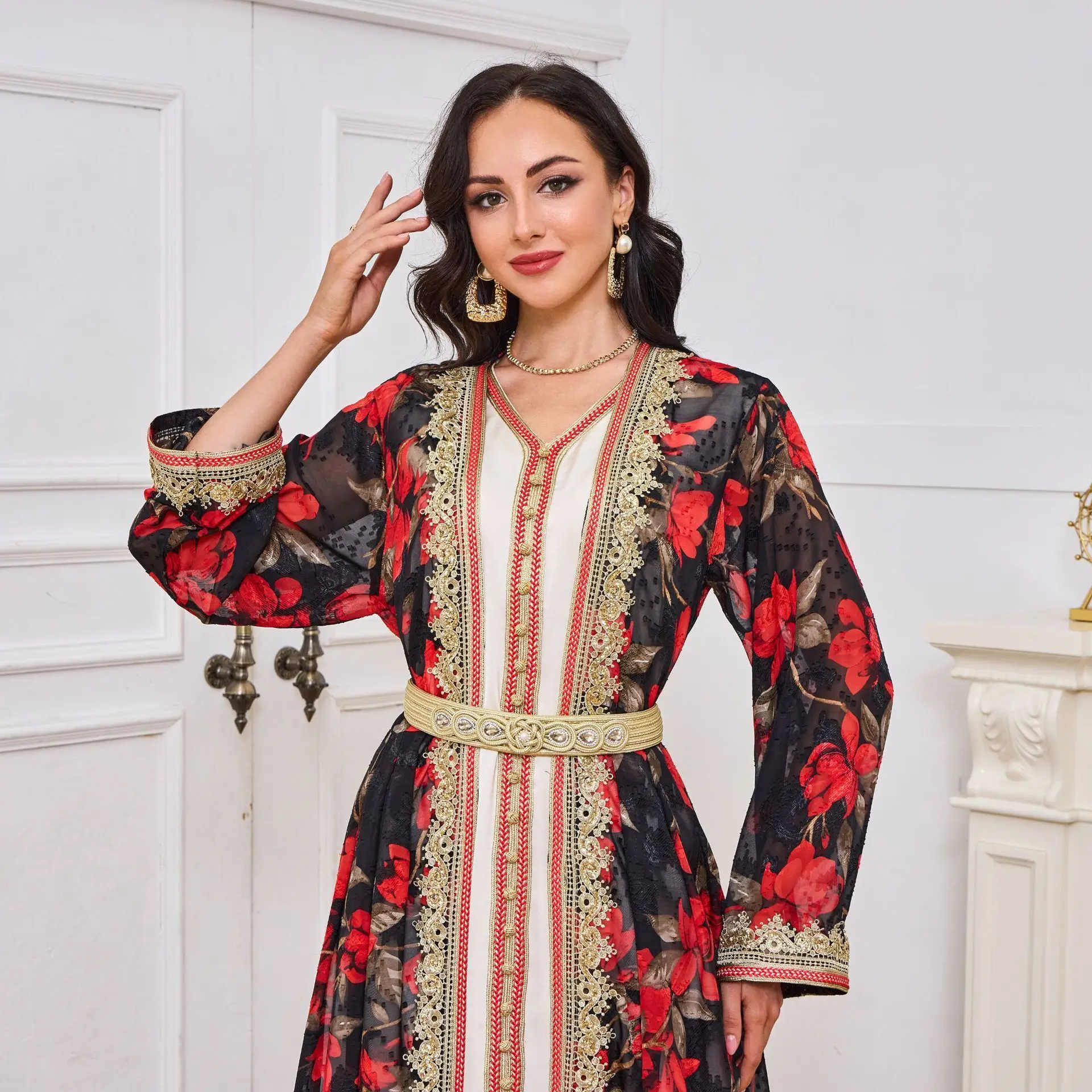 MT043 new women's long sleeved skirt printed Muslim cardigan two-piece long robe set