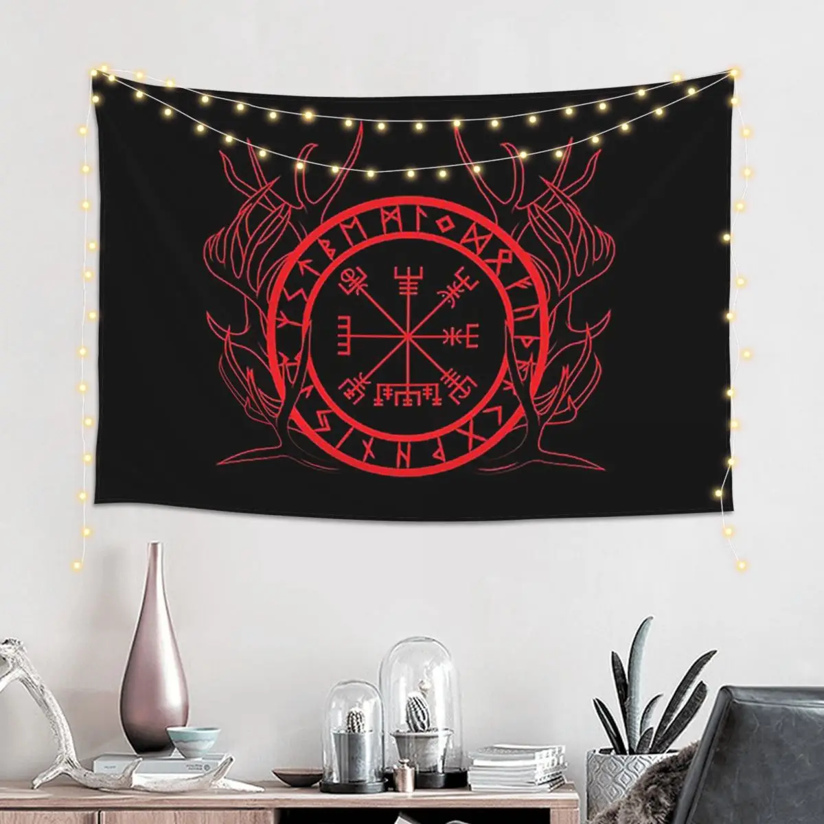 Vegvisir Eikthyrnir, Stag Of Valhalla Viking Art Deer Tapestry Funny Wall Hanging Aesthetic Home Decoration Tapestries for Room