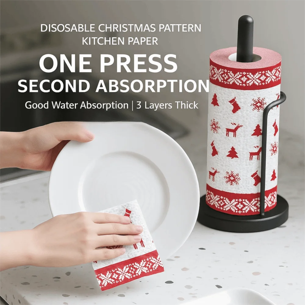 Disposable Christmas Kitchen Paper Thick Three-Layer Wet Dry Dual-Use Christmas Paper Towels Kitchen Cleaning Tools Xmas Party