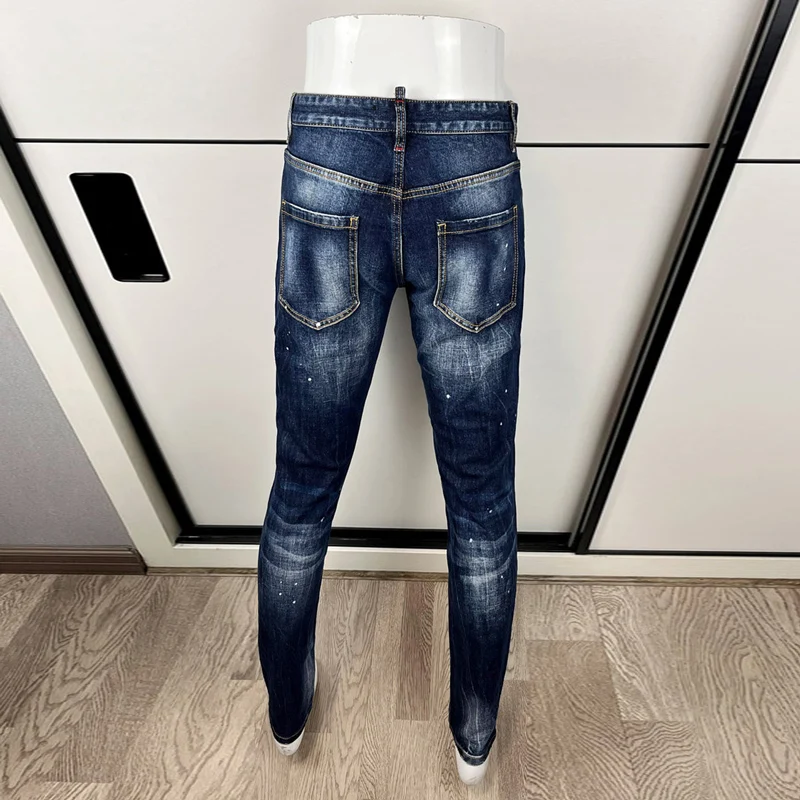 High Street Fashion Men's Jeans, Washed Nostalgic Stretch Slimming Blue Painted Jeans, Designer High Street Hip Hop Brand Pants,