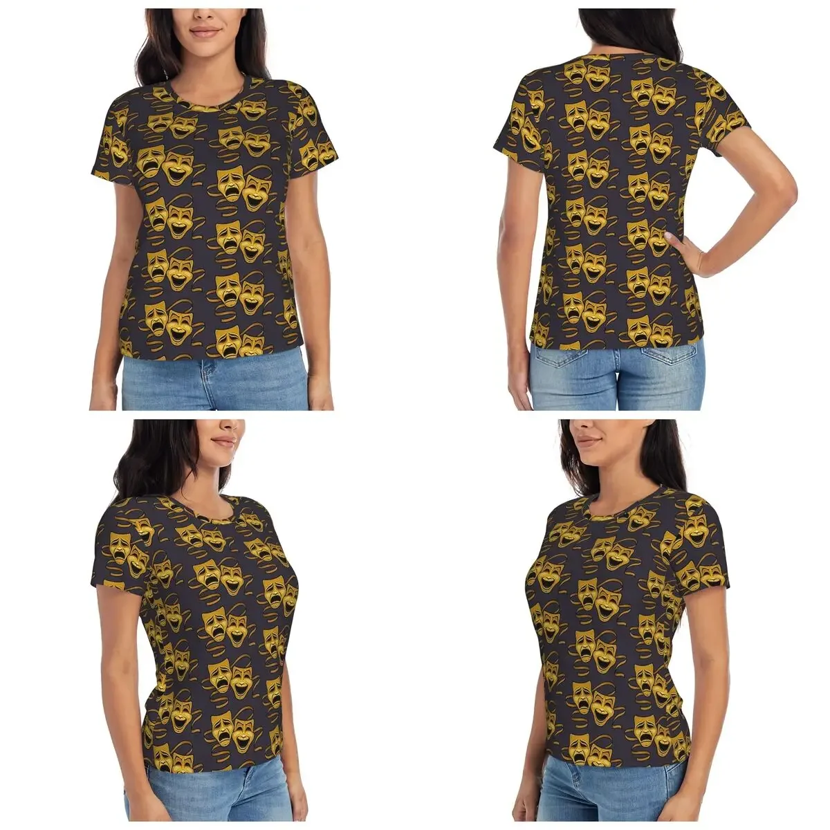 Gold Comedy And Tragedy Theater Masks T-Shirt Women Short Sleeve T Shirts Round Neck Clothes Cotton Summer Tees Streetwear