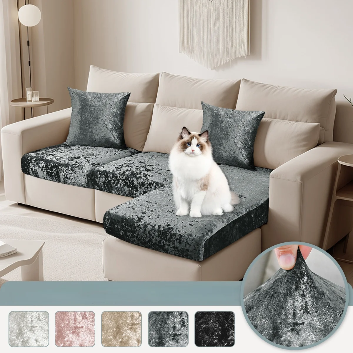 Solid Color Cotton Velvet Anti-Slip Sectional Sofa Pad,  Modern Separate Sold Sofa Protector Slipcover for Seat Backrest Armrest