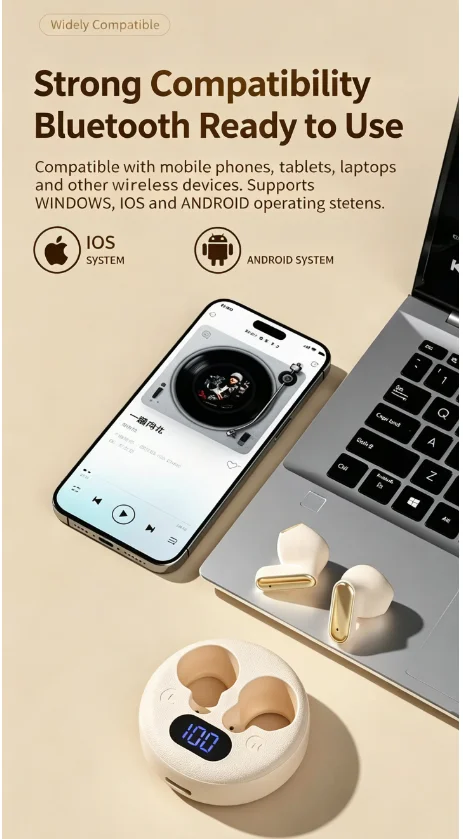 X19-TWS Wireless Bluetooth Earphones Leather Texture Round Charging Case LED Digital Display Semi In-ear Wireless Earbuds Touch