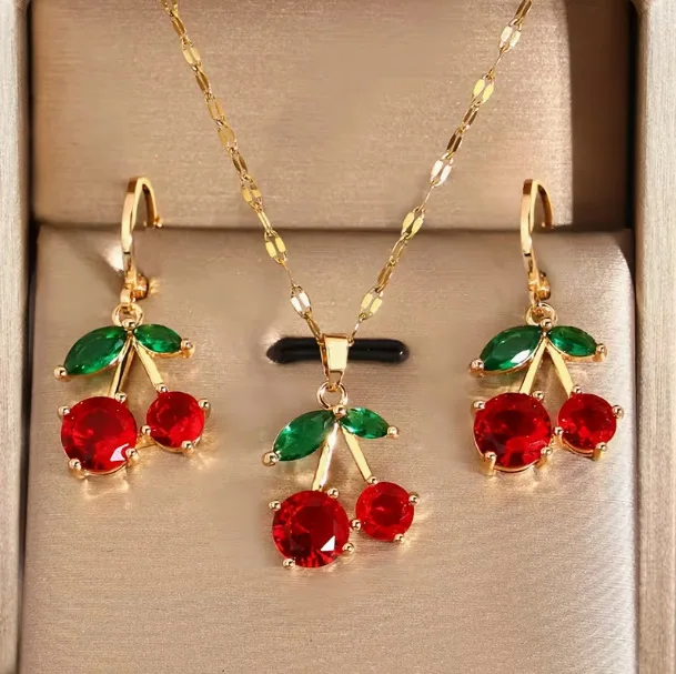 Fashion Zircon Red Cherry Pendant Necklace Earrings For Women Sweet Rhinestone Fruits Choker Chain Office Party Jewelry Set Gift