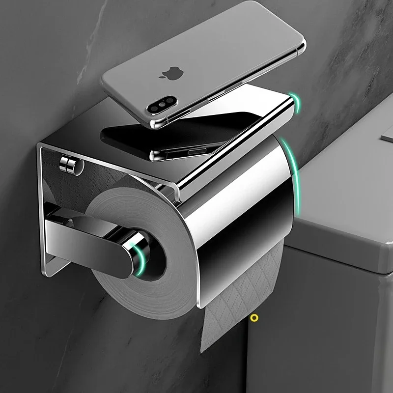 304 Stainless Steel Toilet Paper Holder with Phone Shelf Wall Mounted Punch-Free Bathroom Tissue Roll Storage Rack Rustproof