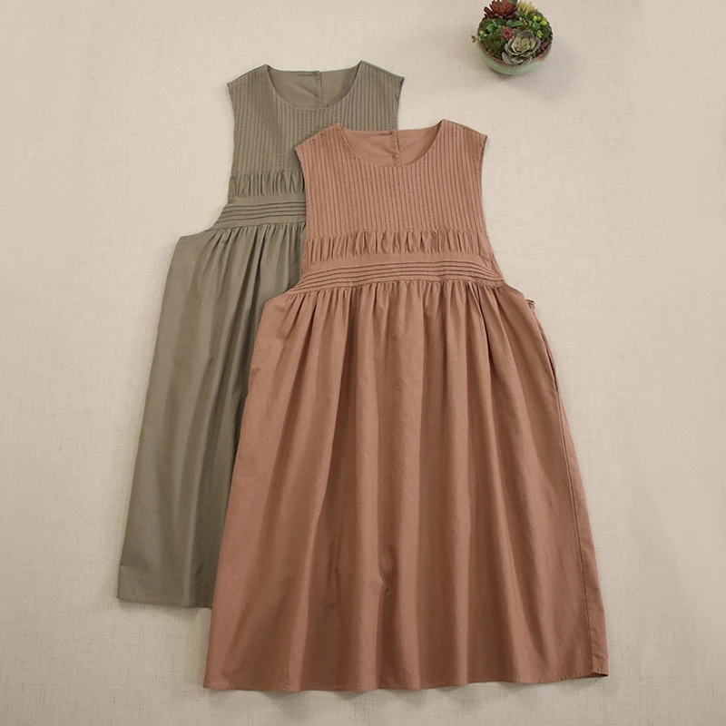 

Sweet Mori Girl High Waist Tank Top Dress Women Spring Summer O-Neck Sleeveless Solid Color A-Line Slip Dresses