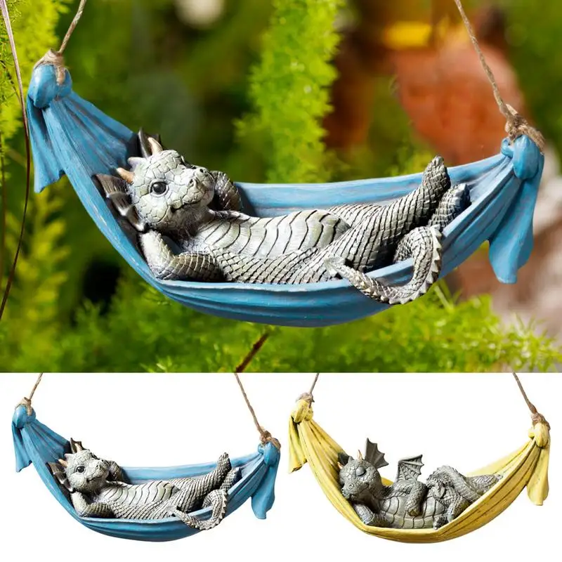 Sleeping Dragon Statue Sleepy Dragon In Swing Hammock Funny Creative Adorable Waterproof Resin Dragon Art Decoration For Branch