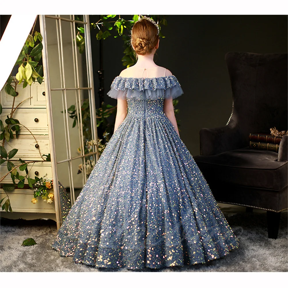 Elegant Flower Girl Dress For Wedding Puffy Shiny Sequin Sleeveless Kids Ball Gowns Birthday Party Beauty Pageant Dress