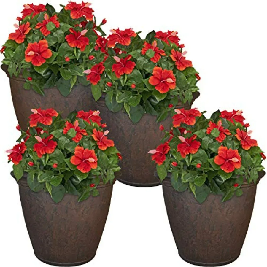 Outdoor plastic planter, rust-colored, double-walled, drillable drainage holes, 24-inch Anjelica pot, 4-pack