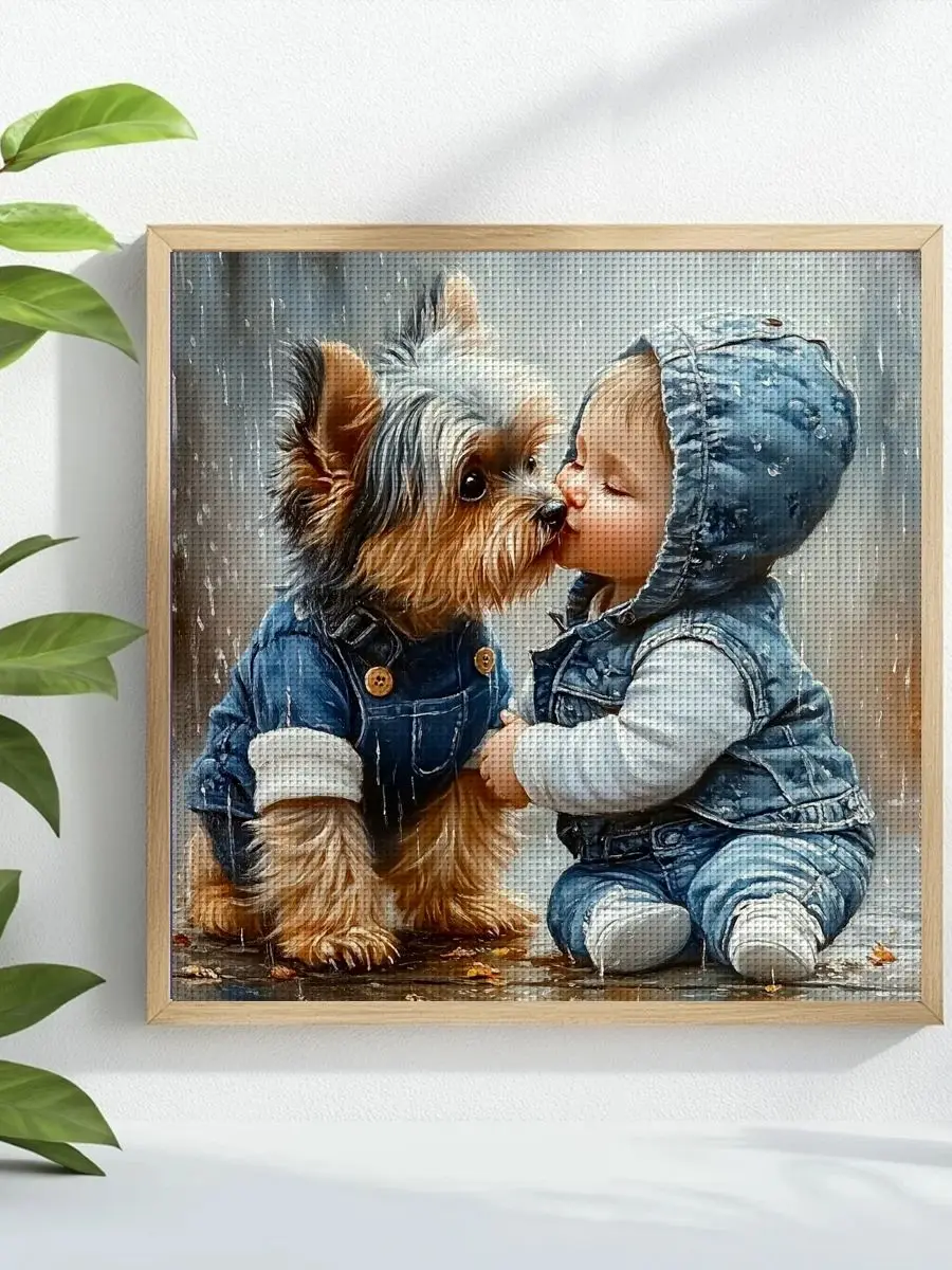 1 Stück 40X40CM/15,74 Zoll Ein Hund, der Kinder begleitet, gestempeltes Kreuzstich-Set, DIY-Set 11CT/14CT, DIY-Stickset, DIY-Kreuzstich-Set – Detail 1