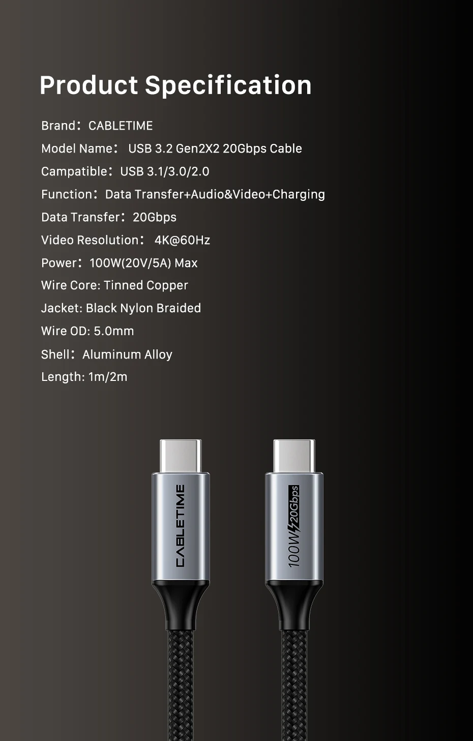 CABLETIME USB-C-Kabel PD100W Schnellladekabel Gen 2 20Gbps 4K 60Hz USB-C 3.2 Kabel für Laptop Macbook Pro Dell iPhone Kabel – Detail 9