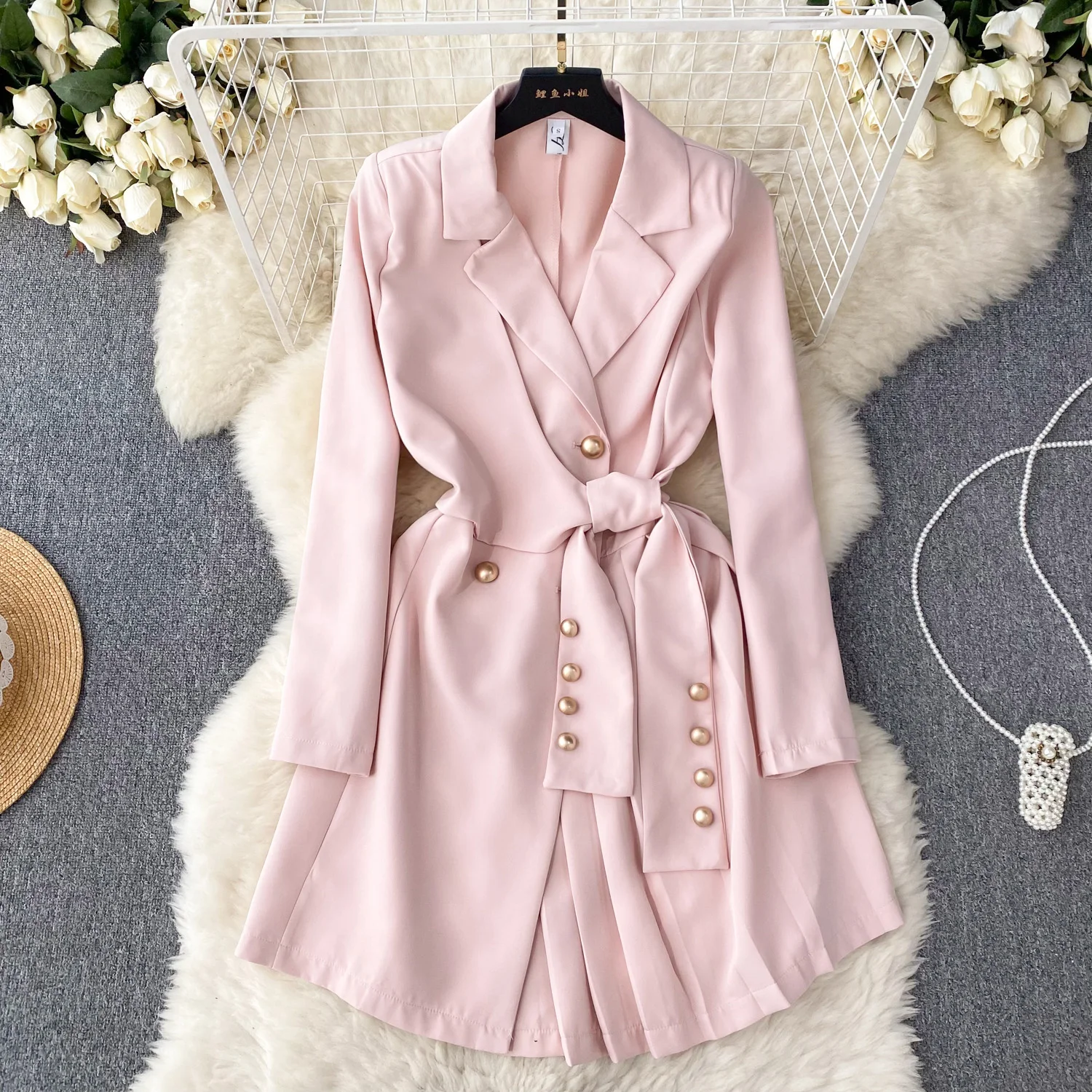 Women\'s Fashion Trendy Office Coat Dress Ladies Age Reduce Suit Collar Strap Tight Fit Short Pleated Long Sleeve Dress Coat