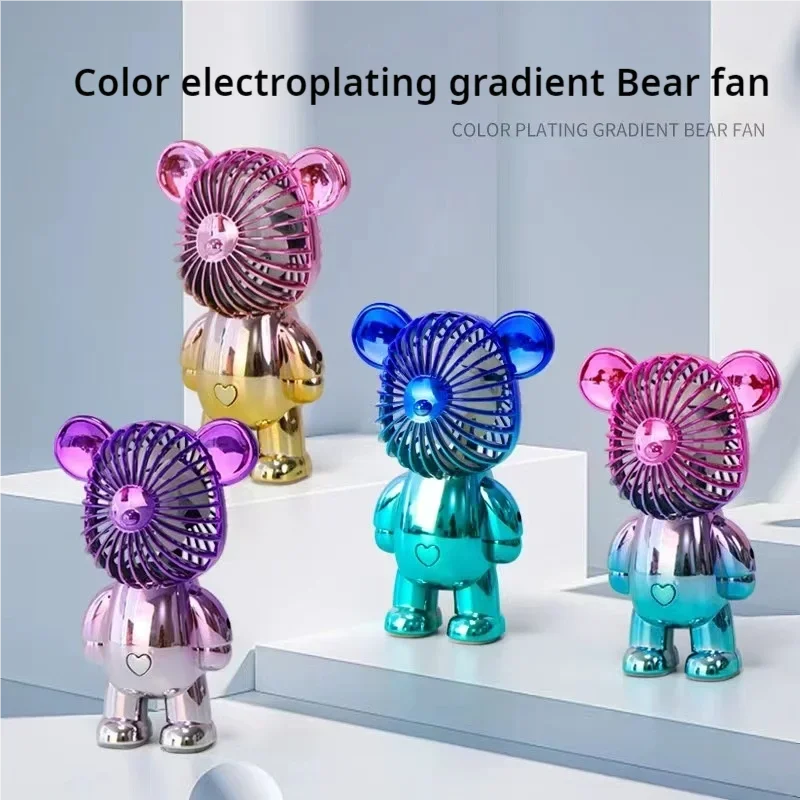 2024 Electroplating Gradual Change Bear Fan Mini Color Graffiti Handheld Fan USB Charging Small Fan Cooling Electric Fans