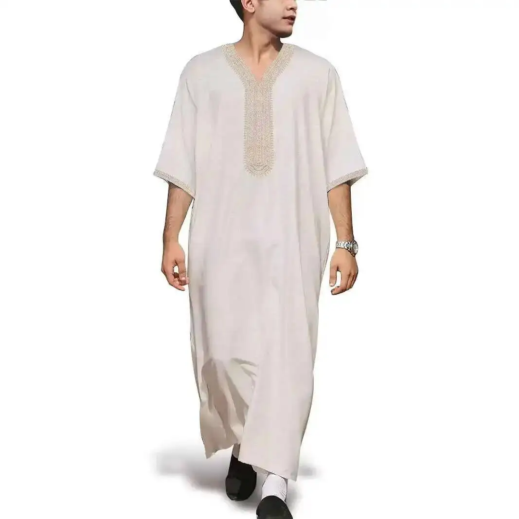 

2026 New High-end Embroidered Thobe Men's Clothing Muslim Mid-sleeve Linen Robe with Pockets Ramadan Dubai Luxury Islam Elegant
