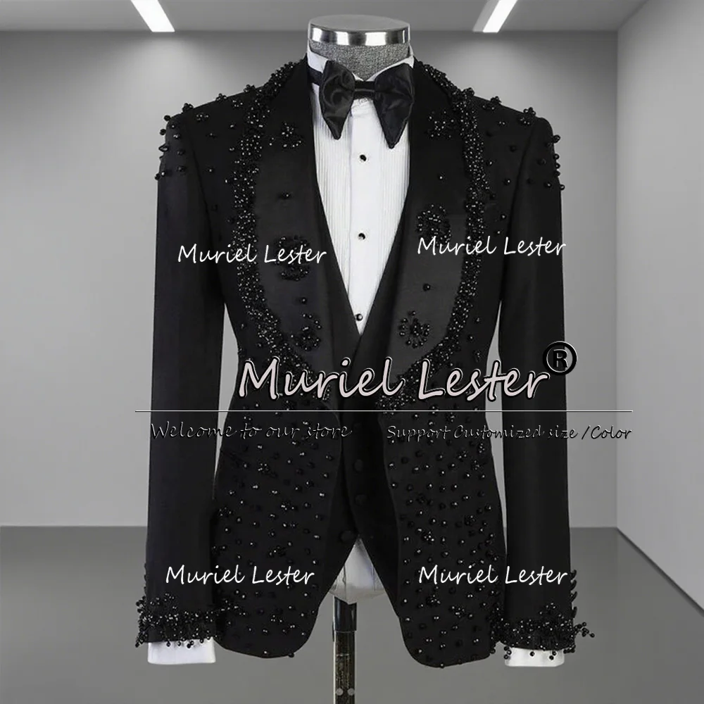 

Роскошные свадебные костюмы с жемчугом и бисером для мужчин, комплекты из 3 предметов, однобортные мужские пиджаки для банкета и вечеринки, индивидуальные смокинги для жениха