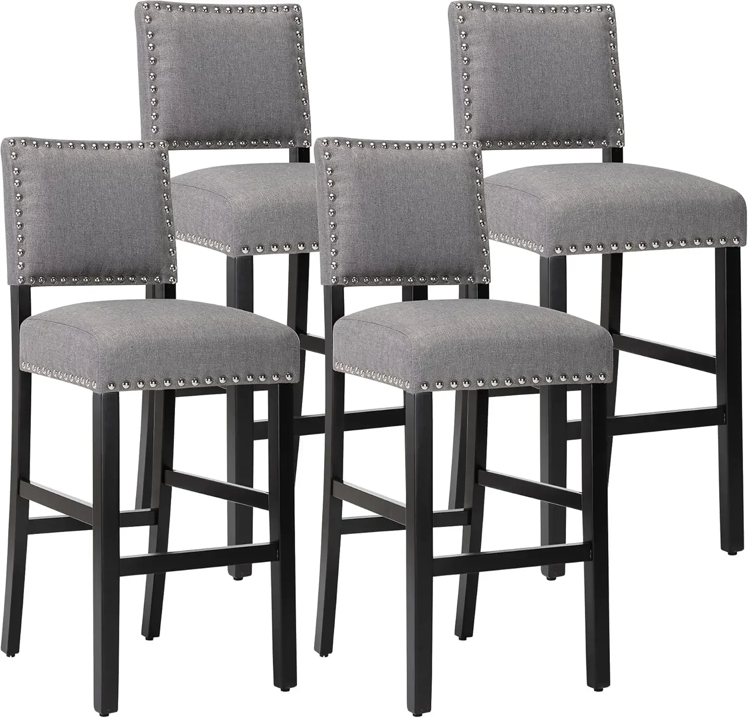 GOTMINSI Bar Stools for Kitchen Island Gray Fabric 29 inches Barstools with Nailhead Trim Bar Chairs for Dining Room,Set of 4