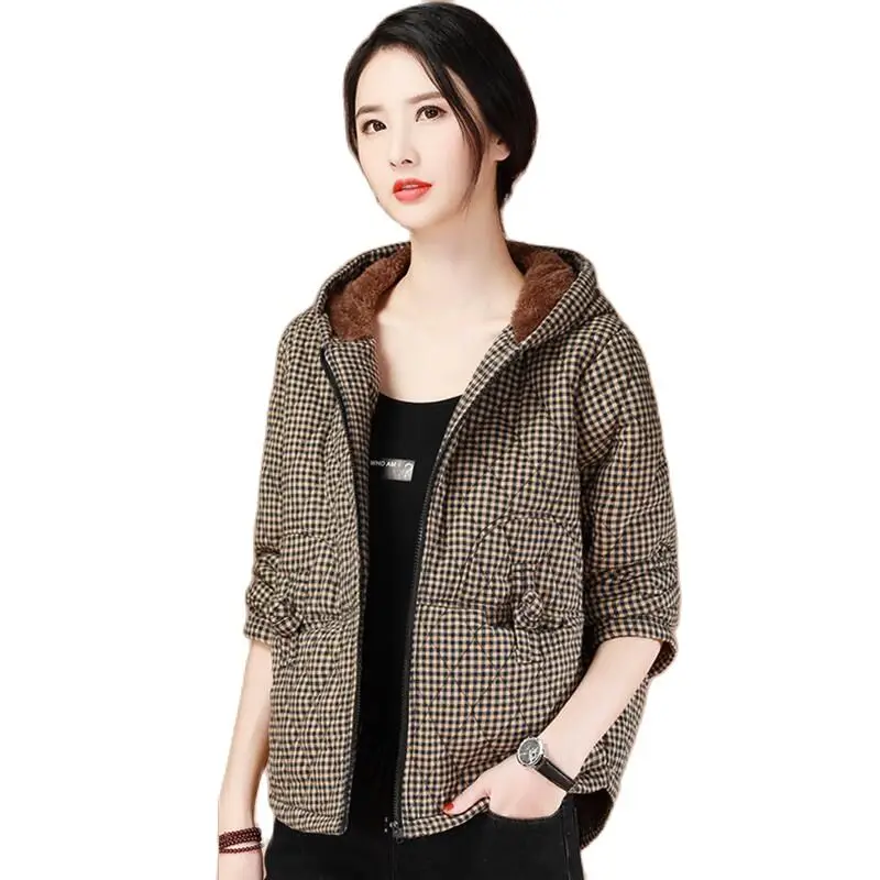 Manteau Cardigan à capuche en coton épais pour femme, veste à carreaux, court, chaud, vêtements d'extérieur, fermeture éclair, de haute qualité, collection hiver 2022