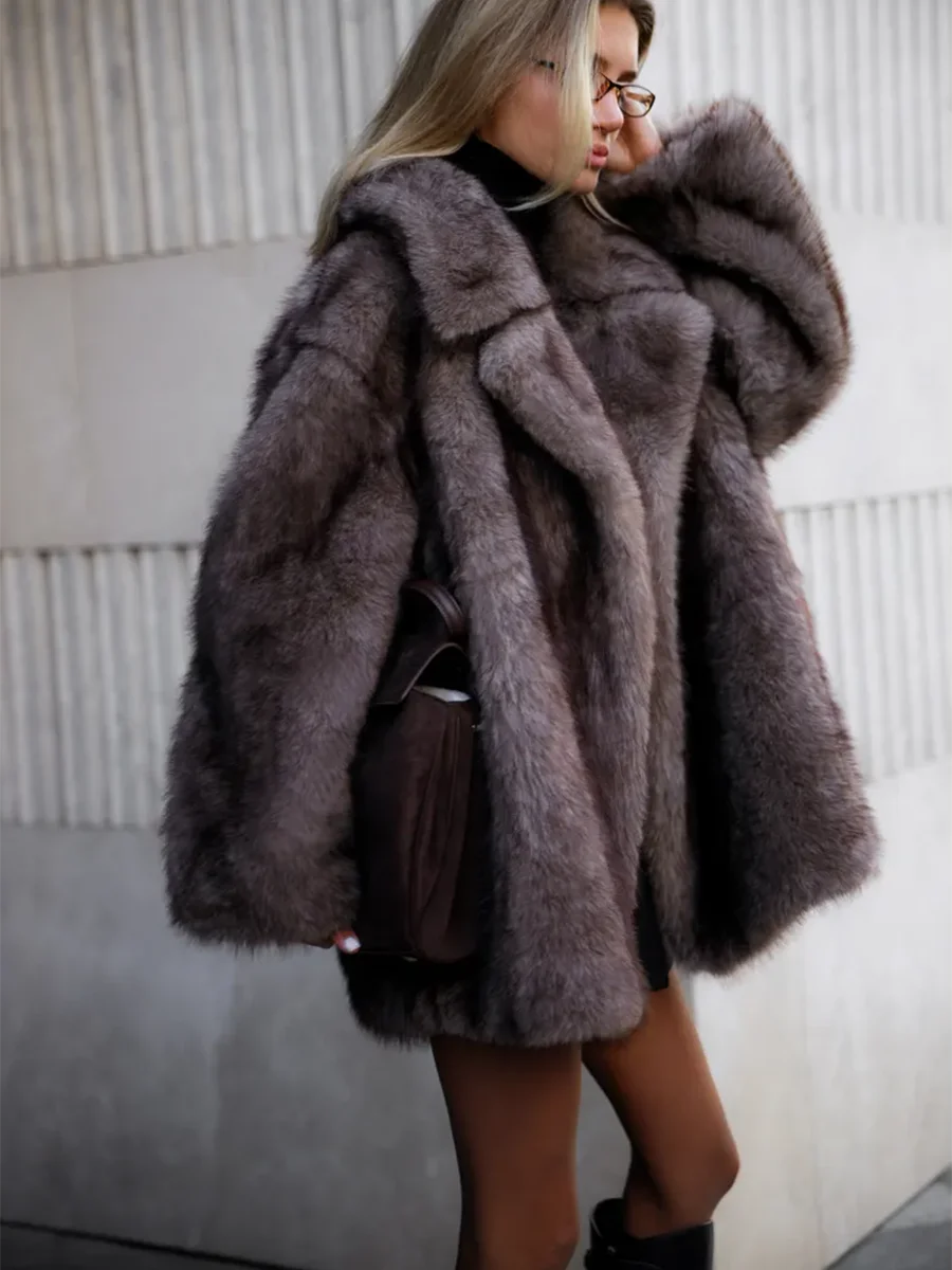 Women Lapel Faux Fur Coat Open Front Loose Long Sleeve Plush Outerwear Jacket