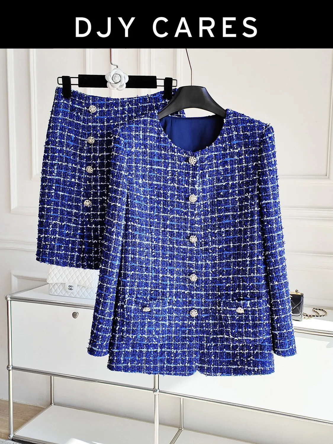 New  Blue plaid tweed jacket slimming half skirt set big  size
