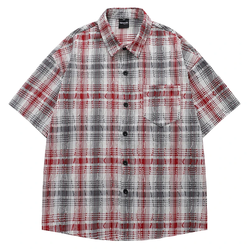 

Летние мужские клетчатые рубашки с коротким рукавом в стиле хип-хоп, полосатые лоскутные блузки, уличная одежда в стиле Харадзюку, повседневные модные свободные рубашки, одежда