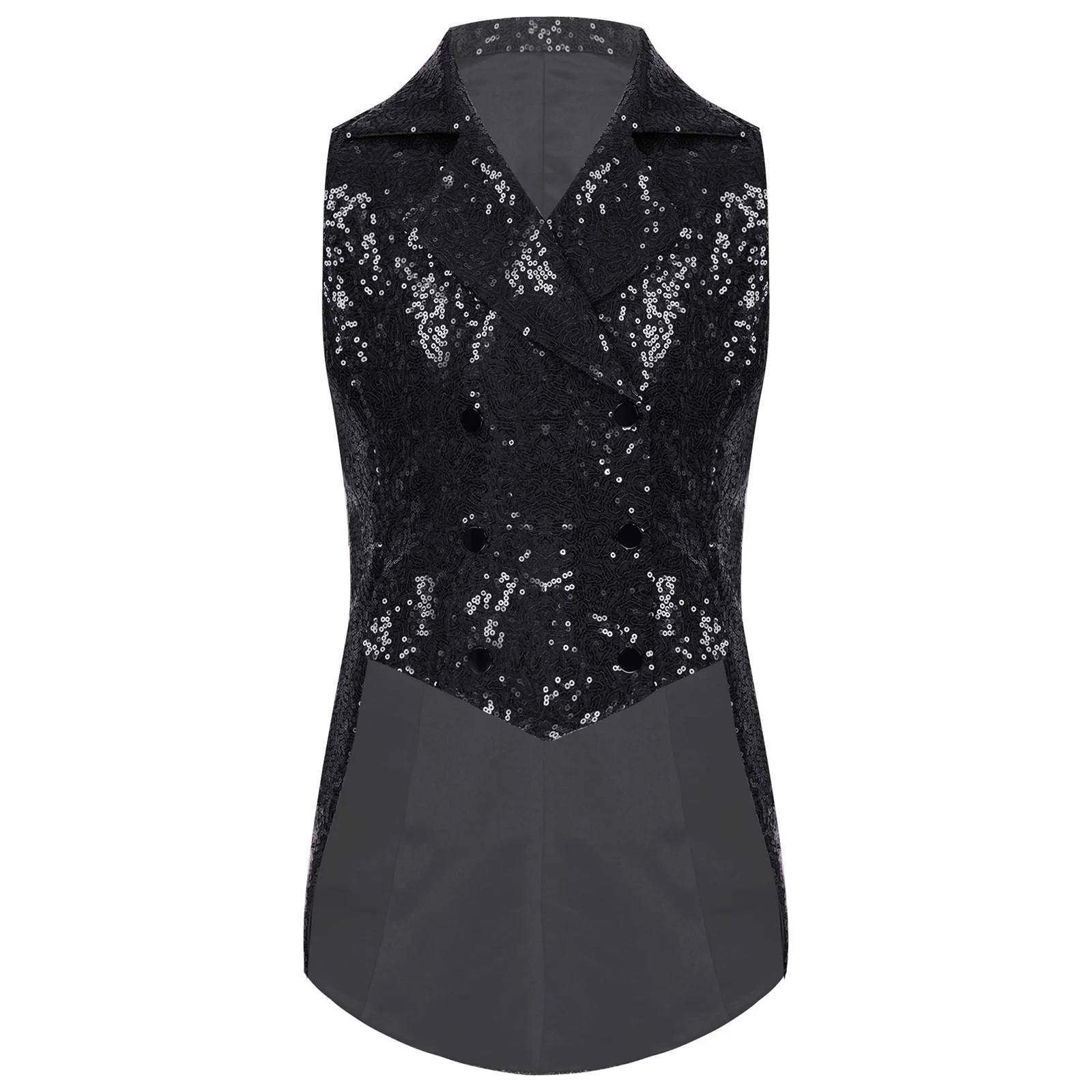 Kids Boys Shiny Sequin Tailcoat Vest Sleeveless Lapel Party Waistcoat for Halloween Carnival Magic Shows Wedding Party Dancing