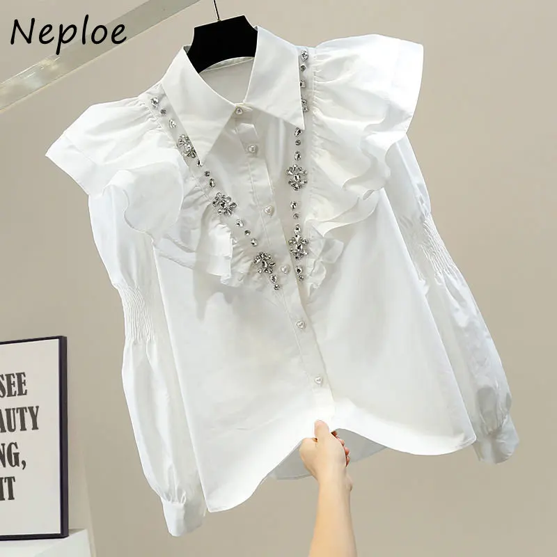 Neploe Blusas Mujer De Moda 2024 بلوزات ذات ياقة مقلوبة بلون سادة وأكمام طويلة ماسية ثقيلة قمصان مكشكشة واحدة الصدر