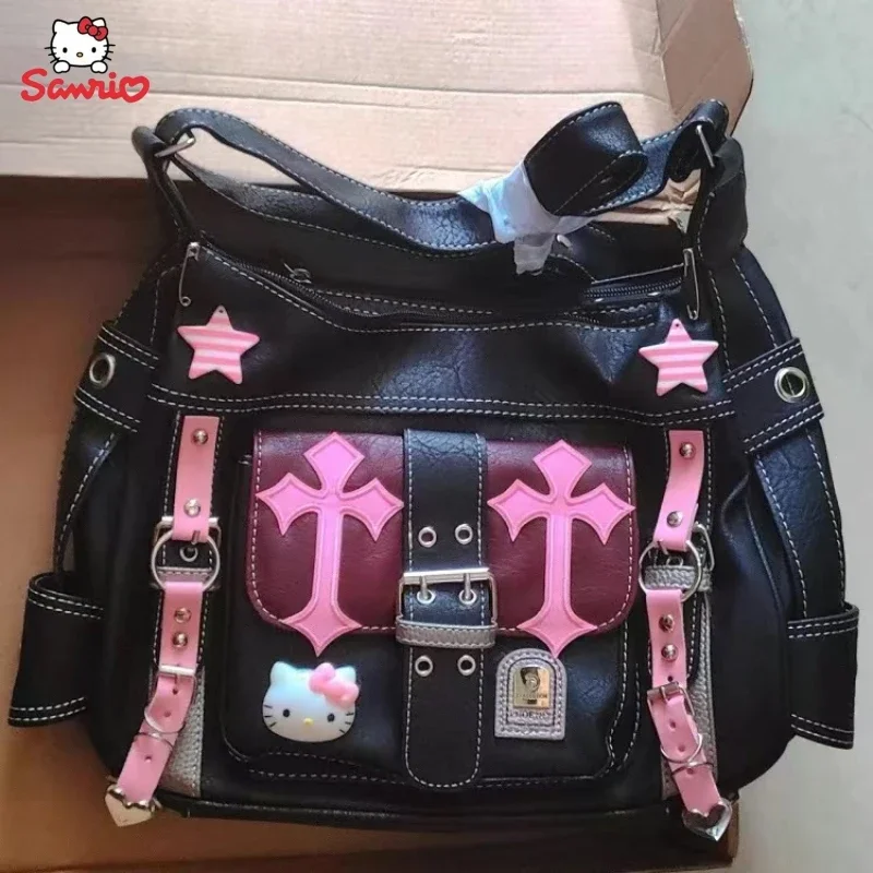 Sanrio-Bolso cruzado de Hello Kitty para mujer, bolsa de mano gótica, Punk, Vintage, Rosa, con cadenas cruzadas, de tendencia Y2k, para regalo