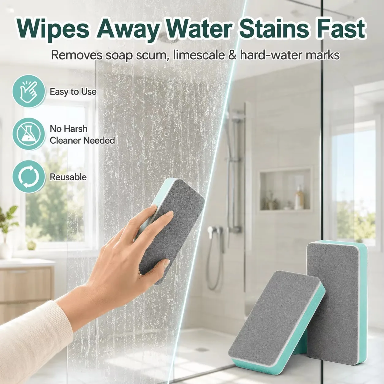 4-Piece Magic Hard Water Stain Cleaning Sponge, Reusable 1.57 * 3.54 Inch Descaling Erase Block, Suitable for Shower Doors.