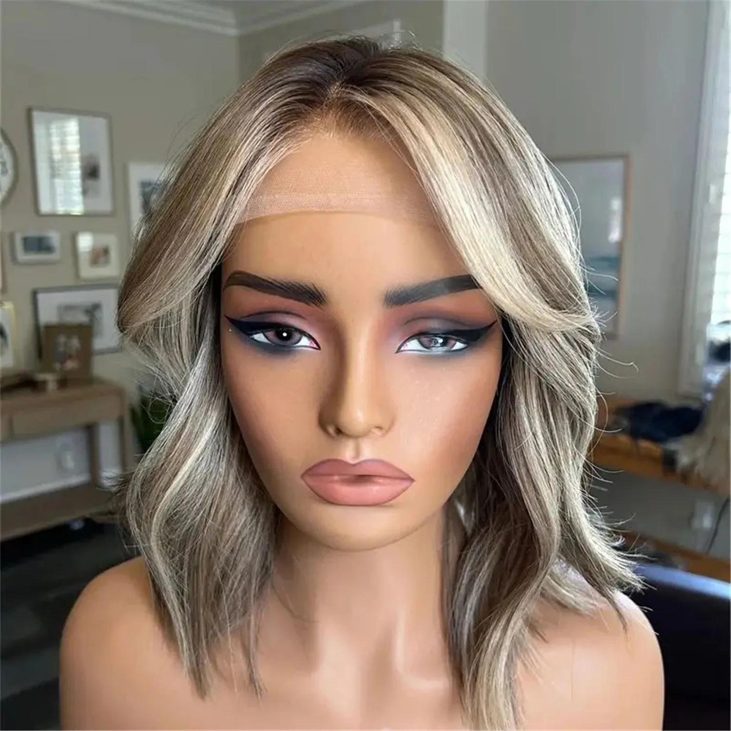 180% Density Hair Bob Wave Ash Brown Blonde Highlight Lace Frontal Wig with Dark Roots Syntehtic Heat Resistant Wig for Women