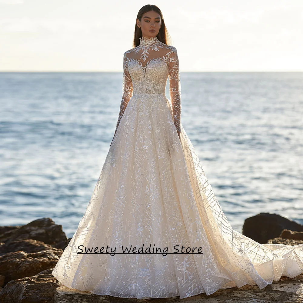 Sparkling Champagne Wedding Dress for Woman Customized High Neck Long Sleeves Illusion Back Sweep Train Bridal Gowns