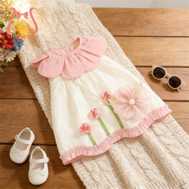 2Pcs/set Adorable Children Soft Clothing Lovely Flowers Baby Girls Dress Toddler Kid Petal Collar Costume 0-4 Y Newborn Dresses
