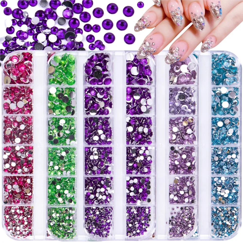 12Grids Hotfix Rhinestone Nail Charms Mix Size Crystal Flat-back Stone Press on Nails Luxury Glitter Diamond Jewelry Nail Parts