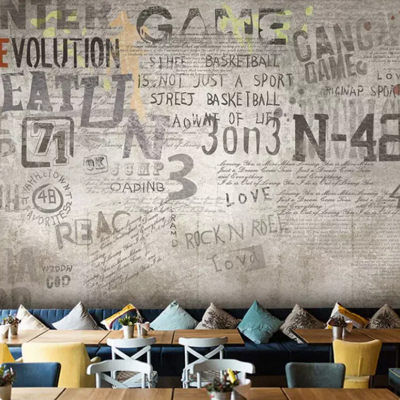 Custom Clothing Letter Graffiti Wallpaper European Retro Cement Industrial Style Bar Milk Tea Shop Living Room Background Mural
