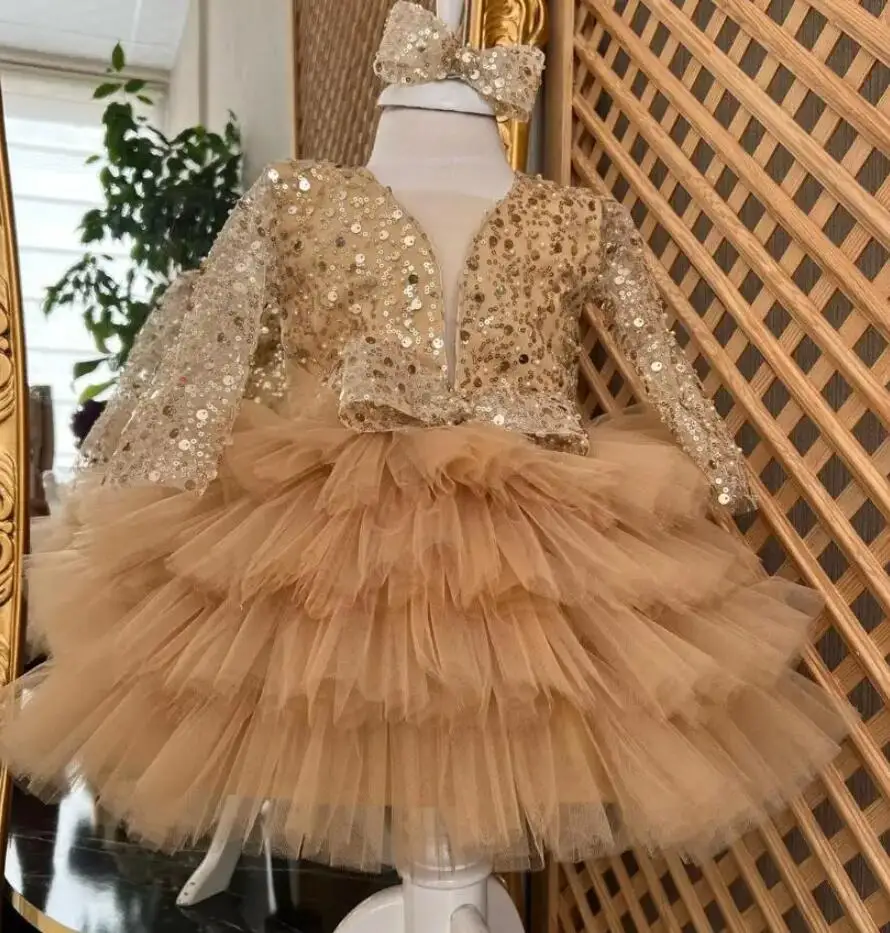 

Gold Tulle Sequined Girl Birthday Dresses Tiered Christmas Infant Dress Kid's Tutu Gown Flower Girl Dress New Year Gift