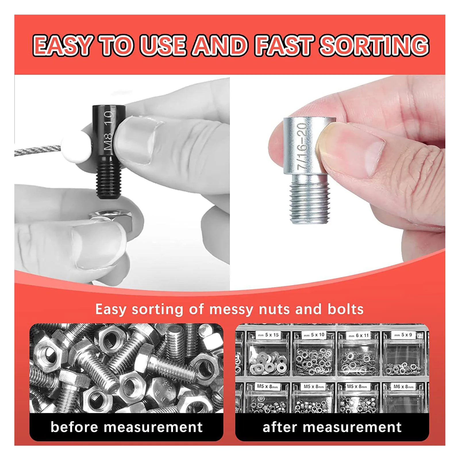 Carbon Steel Nut Thread Checker com caixa de armazenamento, Nut Identifier Gauge, Maintenance Repair