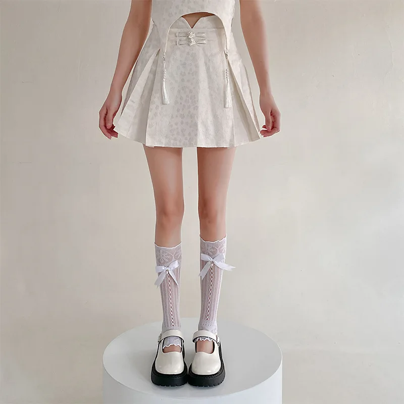 Lolita Bow Lace Socks Hollowed Out White Sweet Piles of Pearl Multifunction Ballerina Hand Left Sleeves Elastic Wrist Gloves