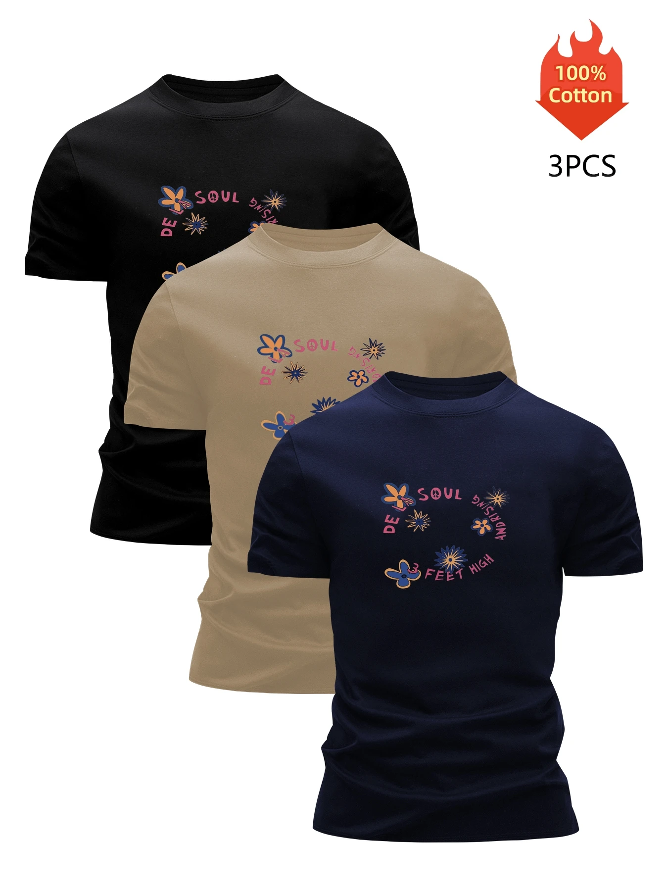 3 Pack T-Shirt Men's 100% Cotton Graphic Printed Tees Funny Summer Blouse Casual Breathable Cool High Quality Clothing