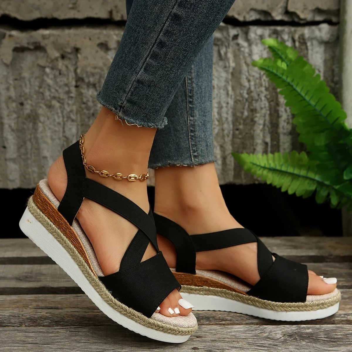 New Fashion Women Summer Thick-soled Open-toed Sandals Women's Hemp Rope Woven Wedge Sandals Amazon Sandals