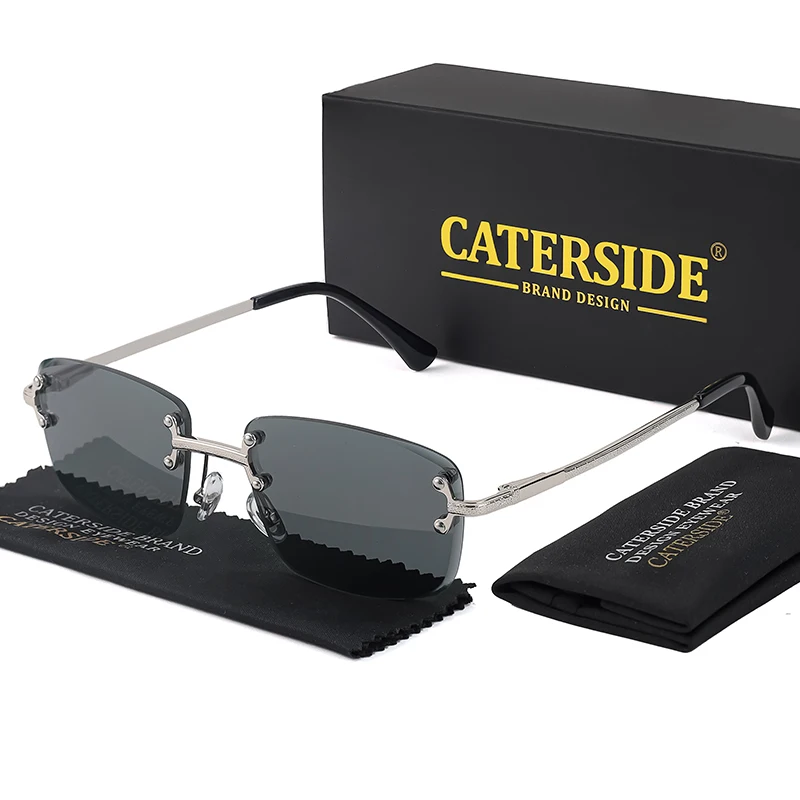 CATERSIDE Retro-Sonnenbrille mit randlosem Metallrahmen und Farbverlauf für Herren, Punk-Luxus-Damenbrille, kleine rechteckige Sonnenbrille – Detail 12