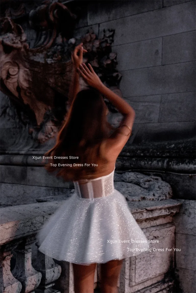 Xijun Glitter Trouwjurken Lieverd Mouwloze Prom Jurken Tule Korte Mini Bruidsjurken Bruid Gewaden Vestidos De Novia