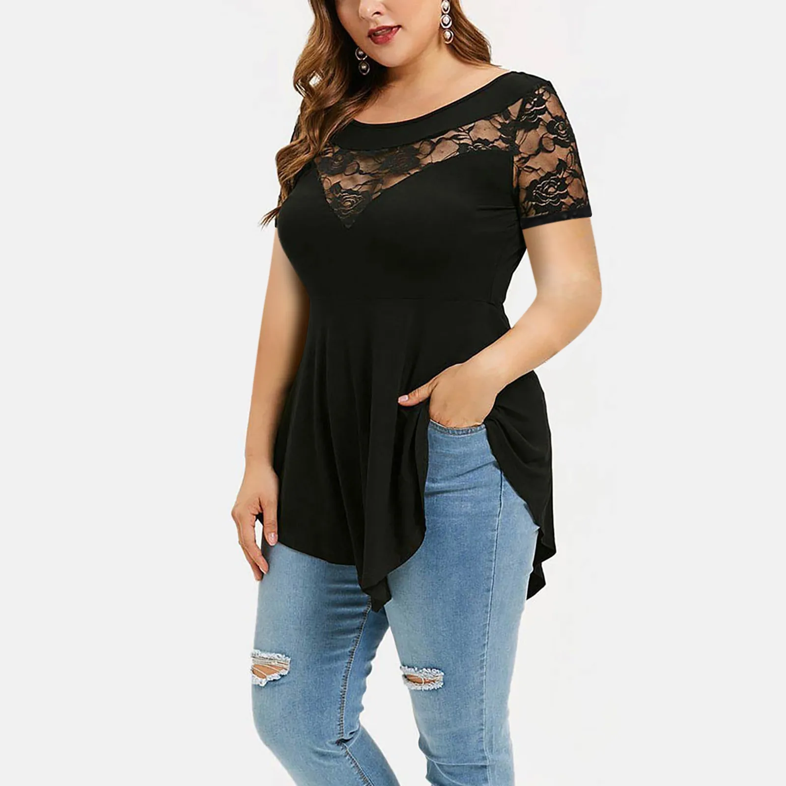 Top Female Women\'S T-Shirt Plus Size Women Solid Floral Lace  Asymmetric Three Quarter Tops Blouse Roupas Femininas футболка жен