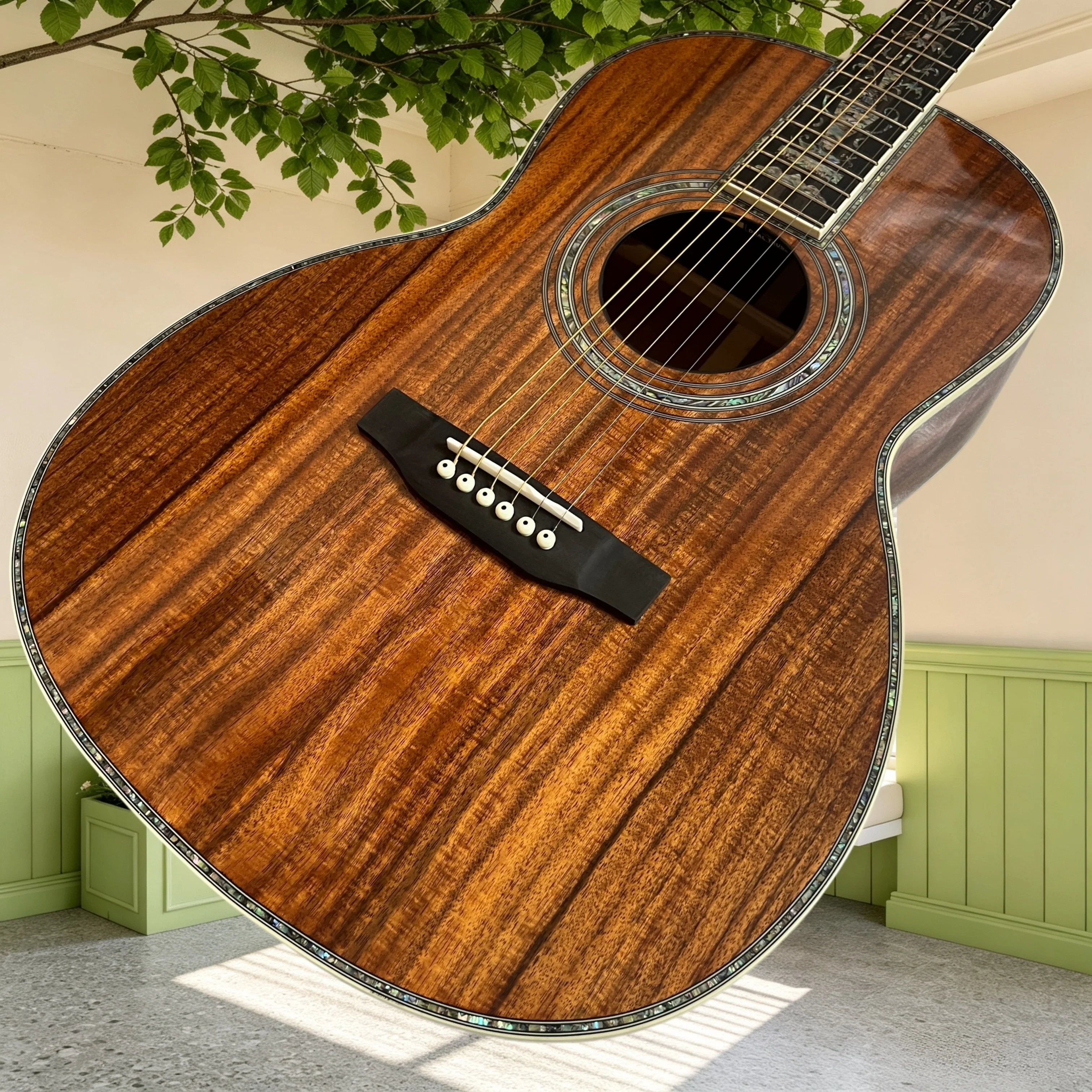 00045 Koa Wood OM Acoustic Guitar Full Abalone Binding Ebony Fretboard Advanced Folk Guitar Free Shipping Fingerstyle Folk