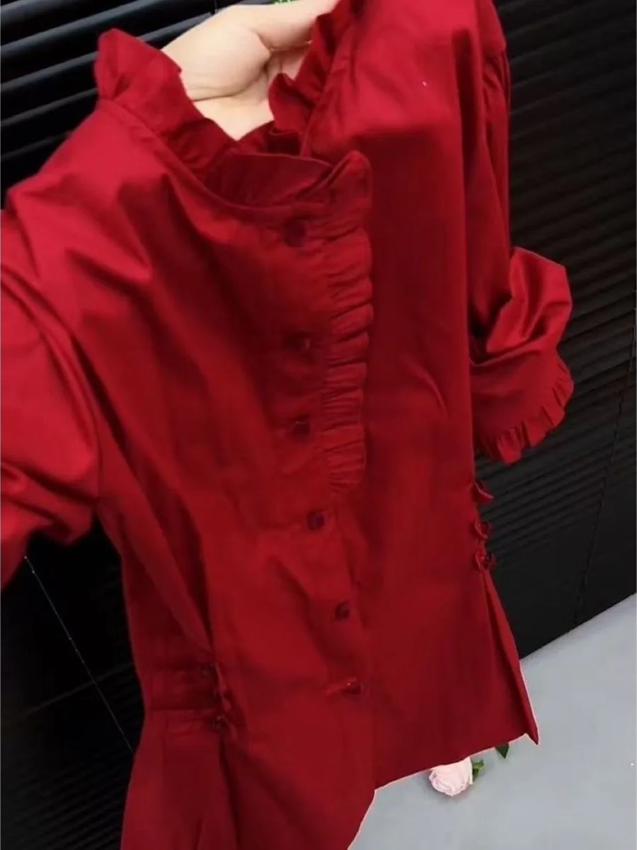 

Новогодняя красная длинная све irt женская зимняя новая теплая блузка с завязками на талии и пуговицами с воротником-стойкой для поездок на работу Sle Po...