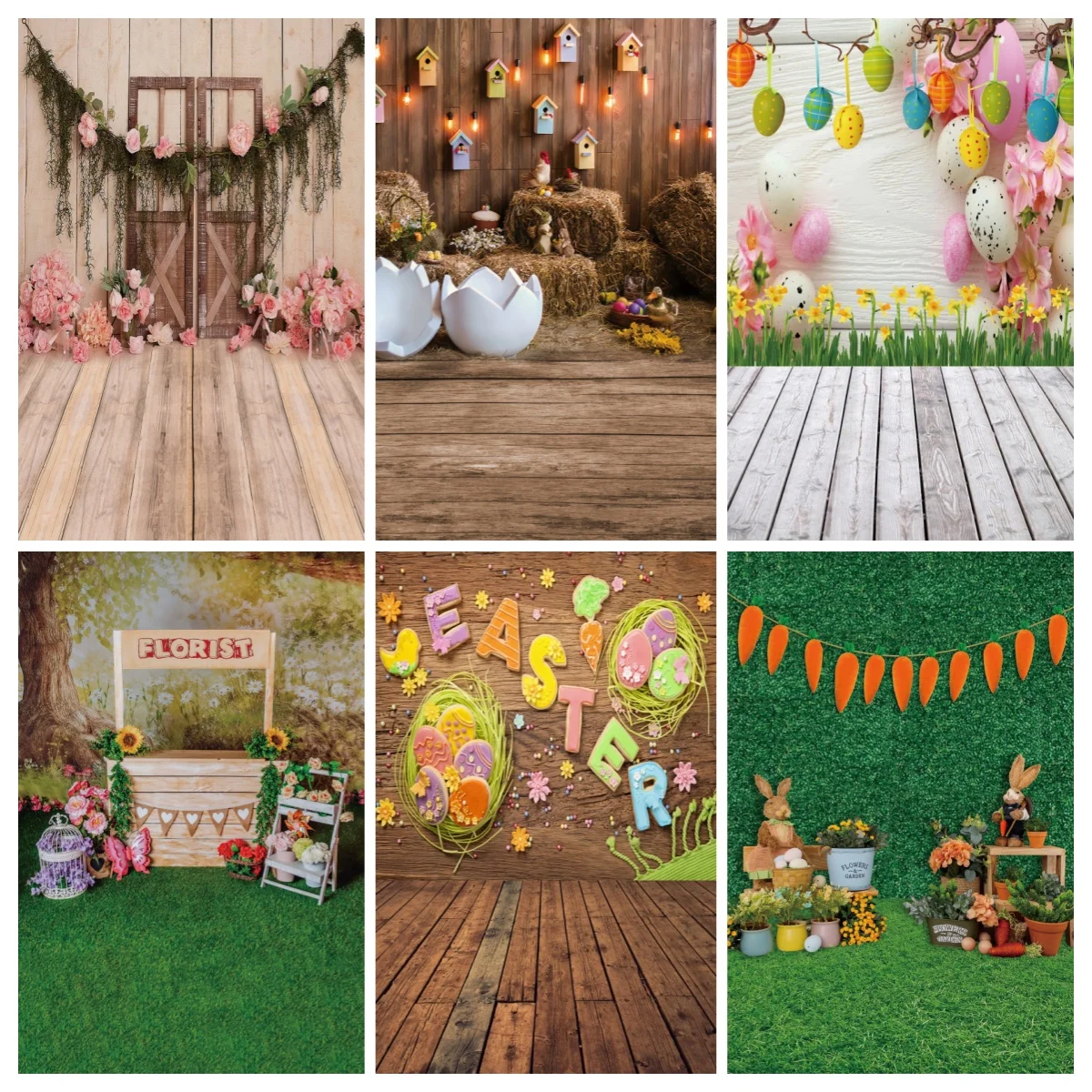 

Easter Theme Photography Backdrops Greenery Flowers Bunny Eggs Baby Child Portrait Wooden Floor Background For Photo Studio