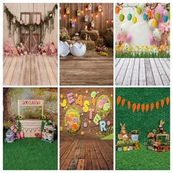 Easter Theme Photography Backdrops Greenery Flowers Bunny Eggs Baby Child Portrait Wooden Floor Background For Photo Studio