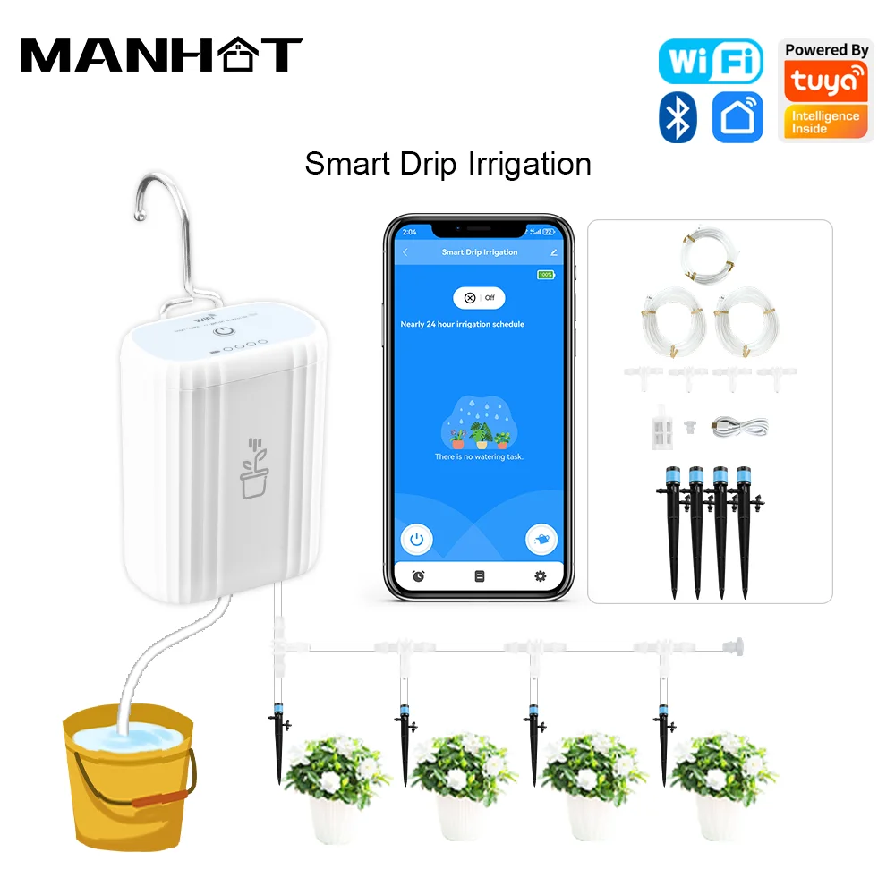 

Умный контроллер полива Manhot Tuya WiFi для сада со встроенным аккумулятором 18650 мАч и автоматическим устройством для полива растений по расписанию