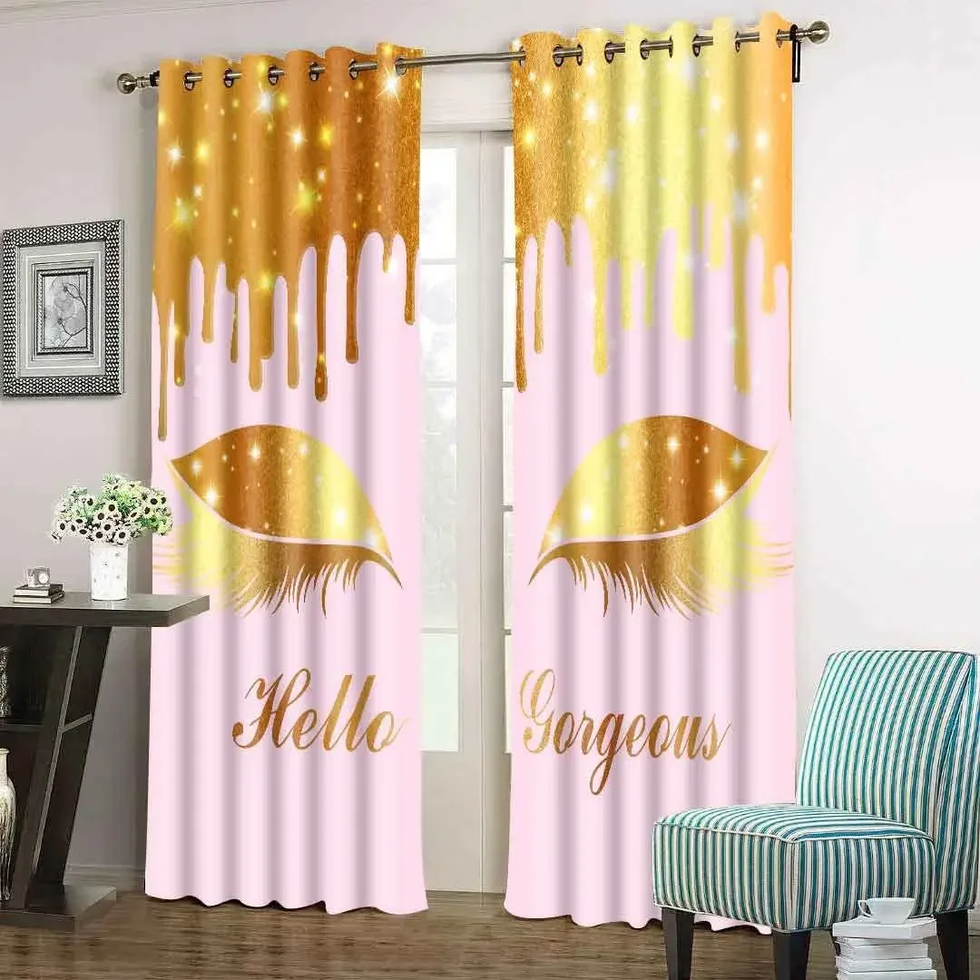 Unicorn Eyelash Curtain Rose Gold Drips Girl Light Filtering Window Curtains for Living Room Bedroom 2 Pieces